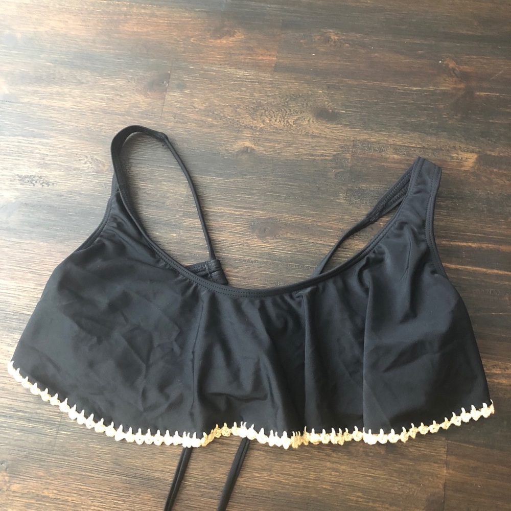 Crochet trim bikini top with adjustable tie straps